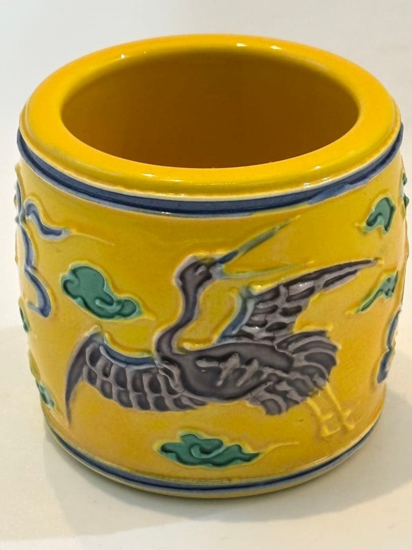 茶道具 皆具 叶松谷 黄交趾雲鶴 水指 建水 蓋置 尺立 共箱