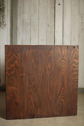 古い小ぶりな木枠のモールガラス戸棚　収納棚　食器棚　キャビネット　古家具