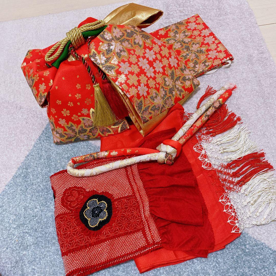 七五三 7歳 正絹 着物 作り帯 バッグ 草履 フルセット 絞り調 黒 赤