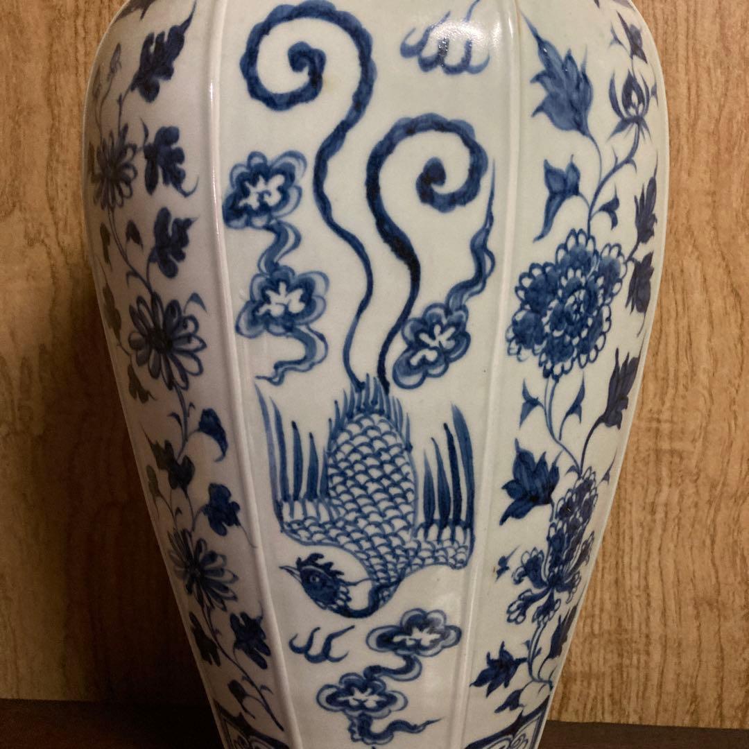 中国　染付　面取瓶　龍鳳花之図