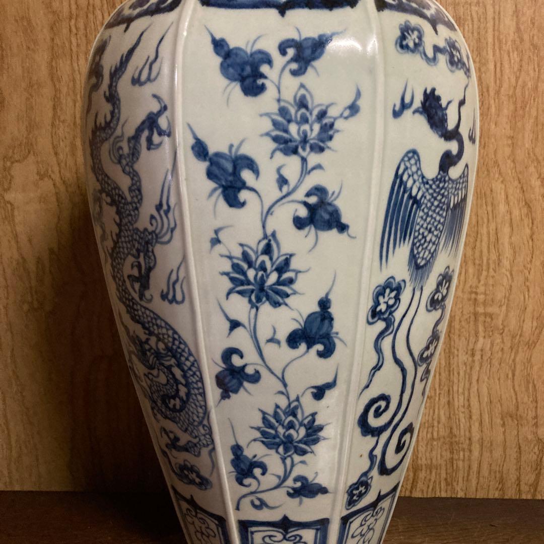 中国　染付　面取瓶　龍鳳花之図