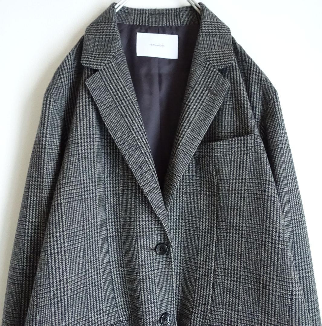 2021美品フレームワーク☆グレンチェックツィードテーラードジャケット36グレー