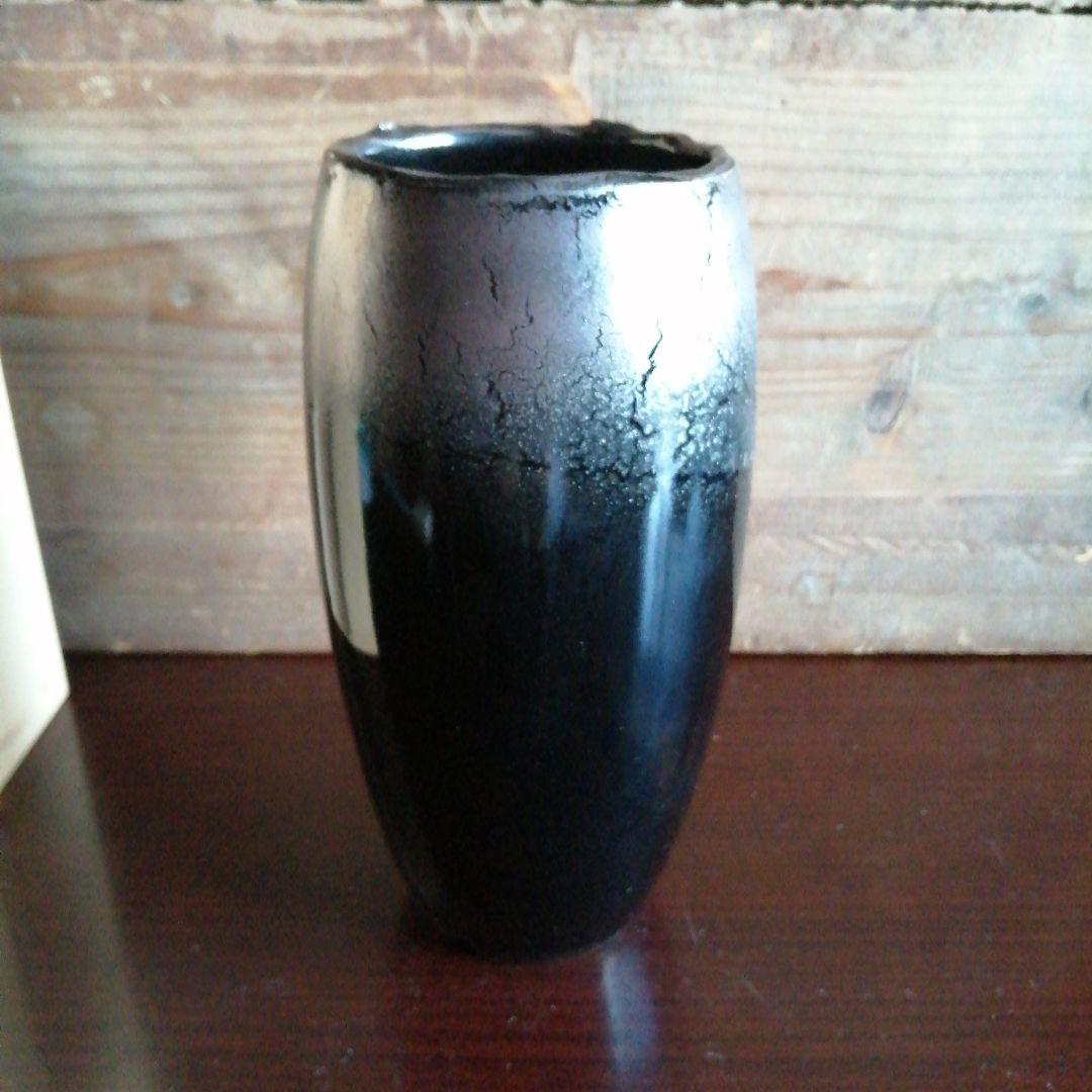 常滑焼　久田重義　鉄釉花入　20cm