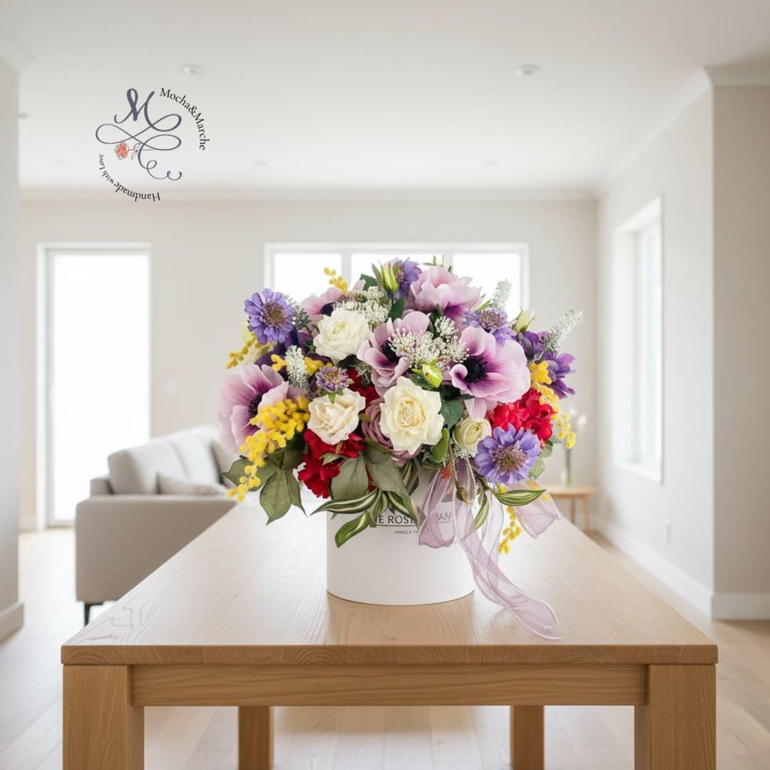 光触媒フラワー アネモネとミモザの春彩ボックスフラワー｜華やか春ギフト 春飾り