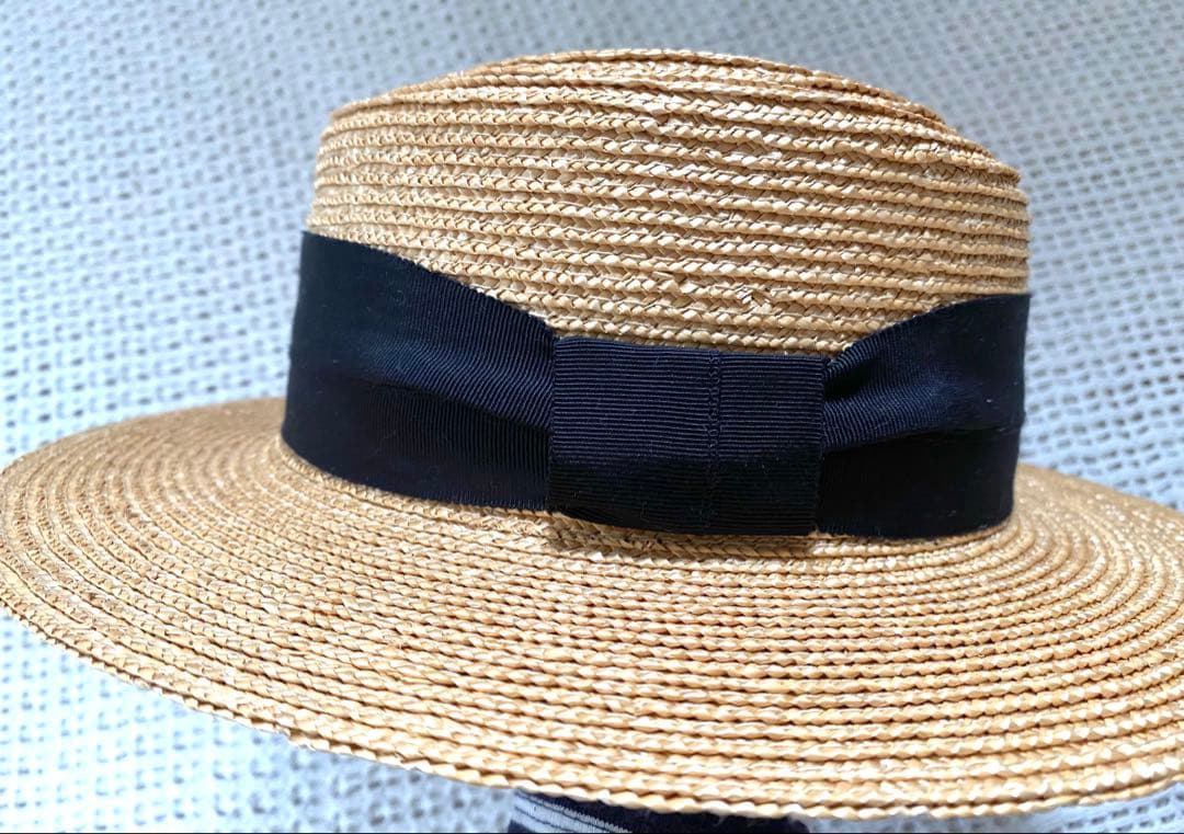 【美品】田中帽子店　アルマ　カンカン帽　黒リボン