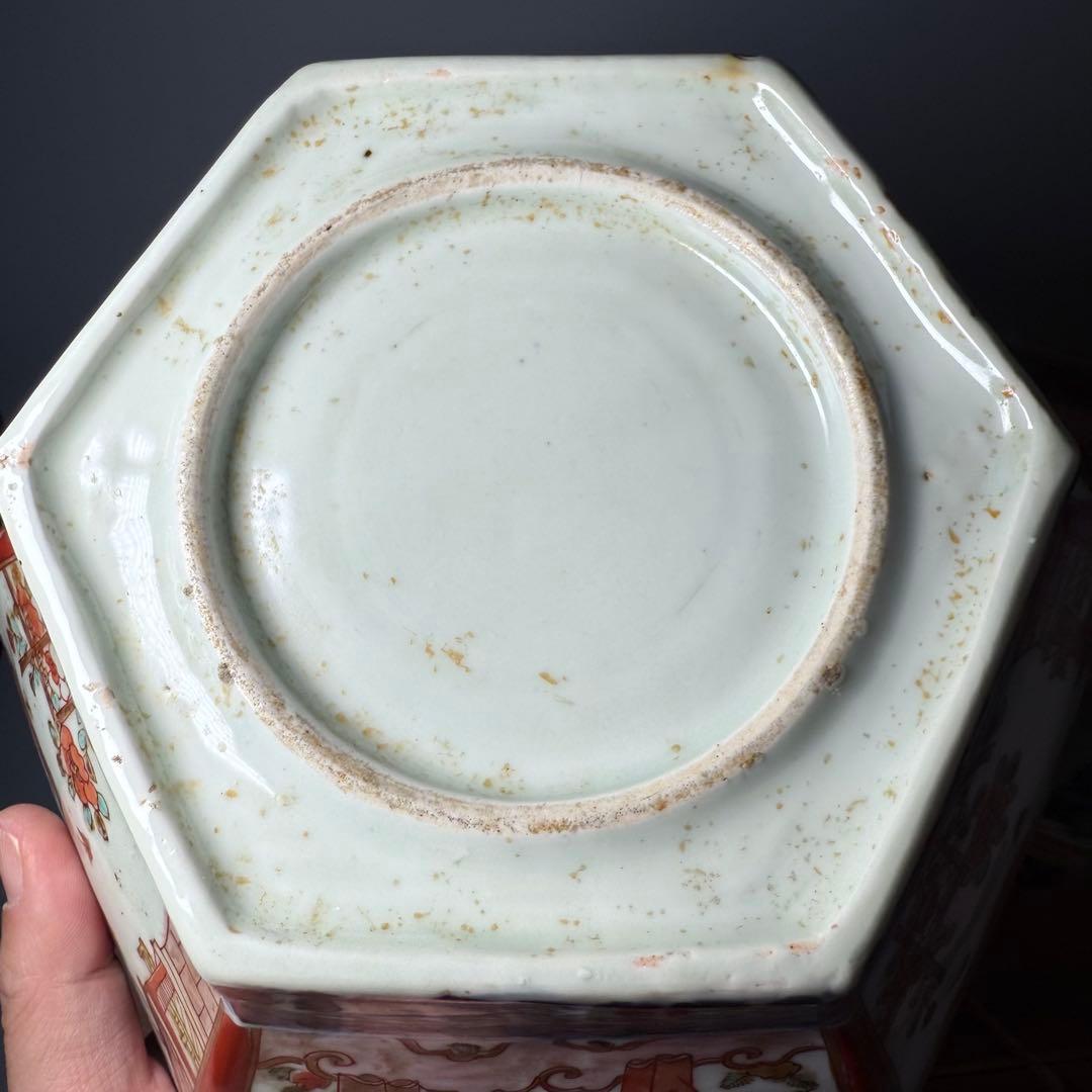 江戸後期〜明治時代　色絵松竹梅鳥賢人図六角鉢　共箱　古美術　豪商旧蔵品