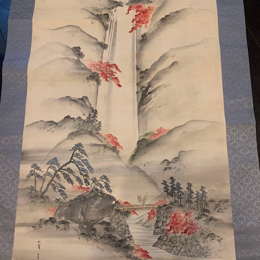 明治時代　日本画　木村関泉（きむら かんせん）　山水　掛軸　紅葉　秋