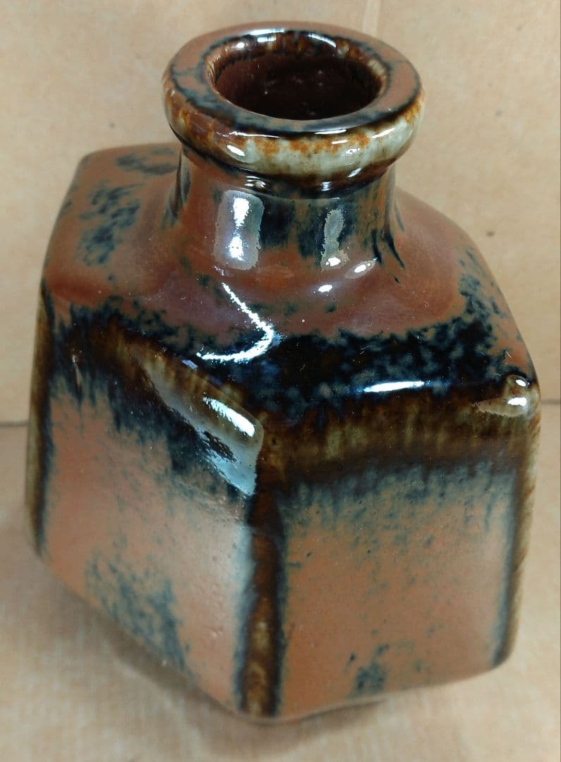 ポコ！河井寛次郎 柿釉六角扁壷 河井敏孝識箱 美品 民藝の巨匠