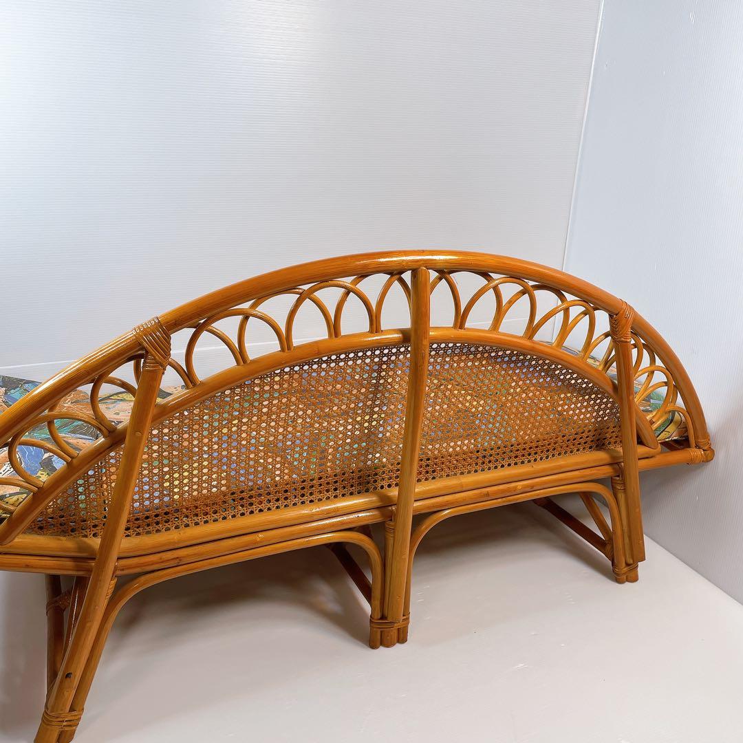 ヴィンテージ ラタン 籐 ソファ ベンチ 2人掛け 昭和レトロ　クッション付き