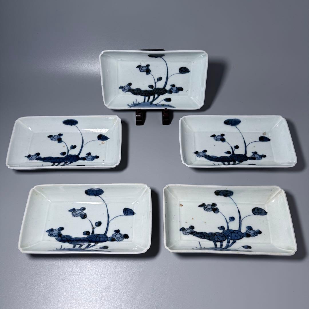 古伊万里　染付芙蓉文様長皿　五客　成化年製　江戸後期　料理屋　花草文様　裏文様有