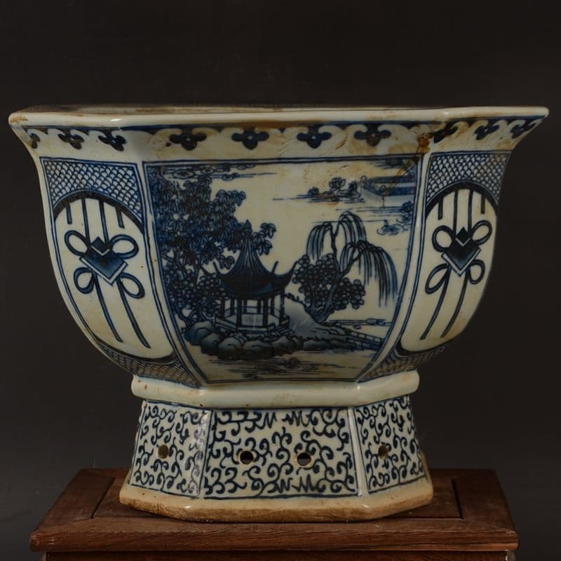 青花開窓庭楼四方高脚鉢 陶磁器 装飾品 現代工芸品美術品 置物