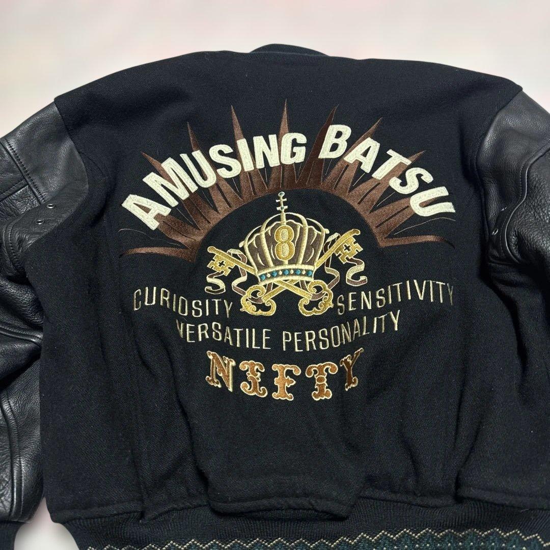 80's 90's BATSU スタジャン　袖レザー　刺繍ワッペン　ジップアップ