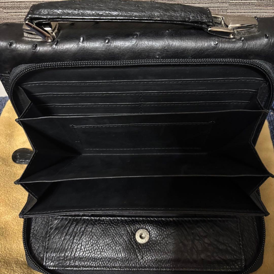 オーストリッチ セカンドバッグ ハンドバッグ ブラック シルバー金具