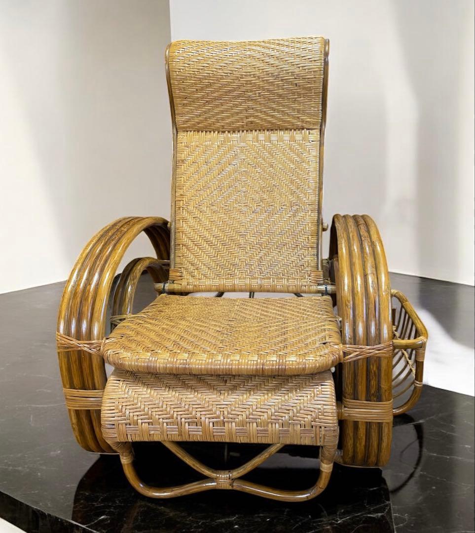 安心のたのメル便★ラタンのリクライニングチェア　オットマン、マガジンラック付き