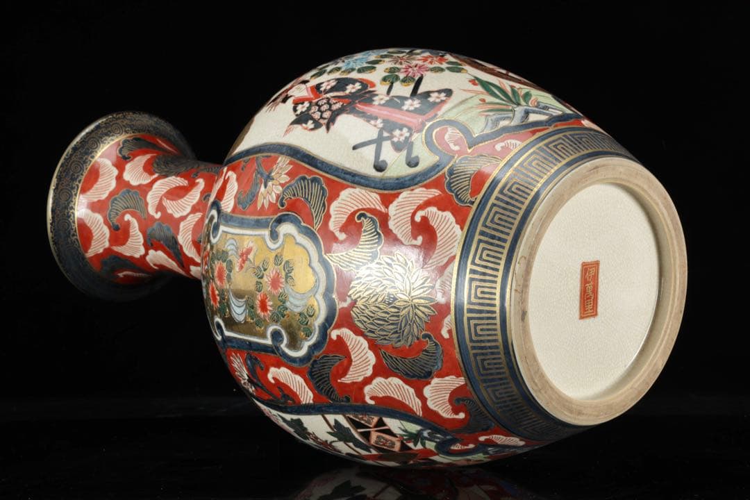 伊万里焼 大型花瓶 飾壺 45.5㎝ 赤絵金彩 美人花車図 伊萬里 古美術 骨董