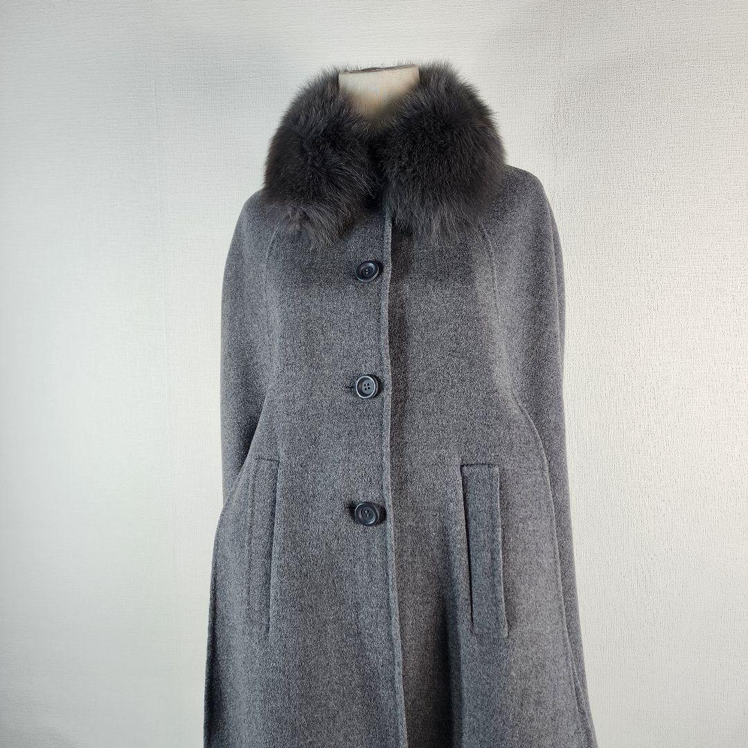 美品 みよし毛皮 フォックスボリュームファーケープコート ウール カシミヤ 現行