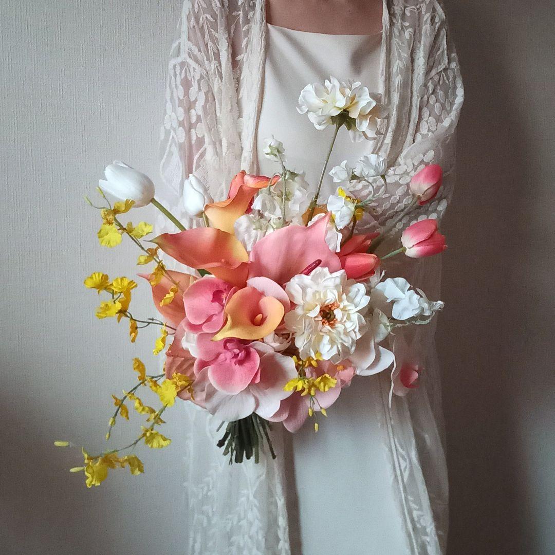 カラフルブーケ　ピンク　イエロー　胡蝶蘭　アンスリウム　ウェディングブーケ　造花