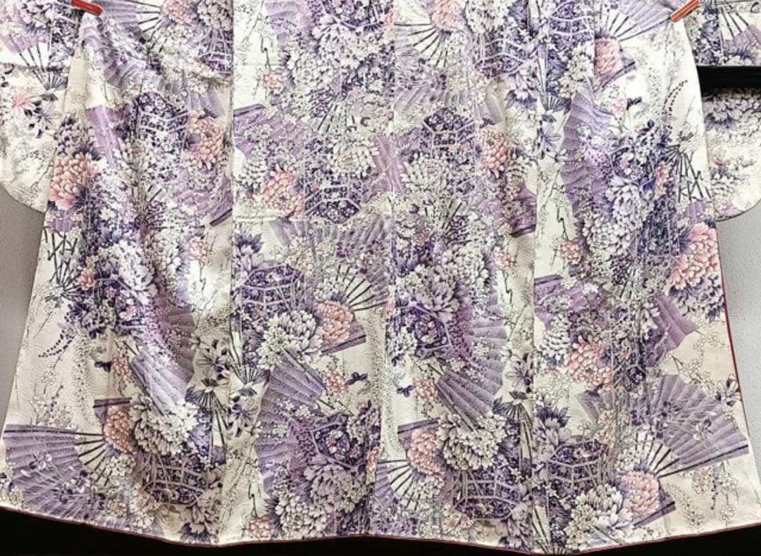 振袖 フルセット6点サイズS〜M 貝桶花文正絹袋帯唐織扇面御所車花文　金銀糸引箔