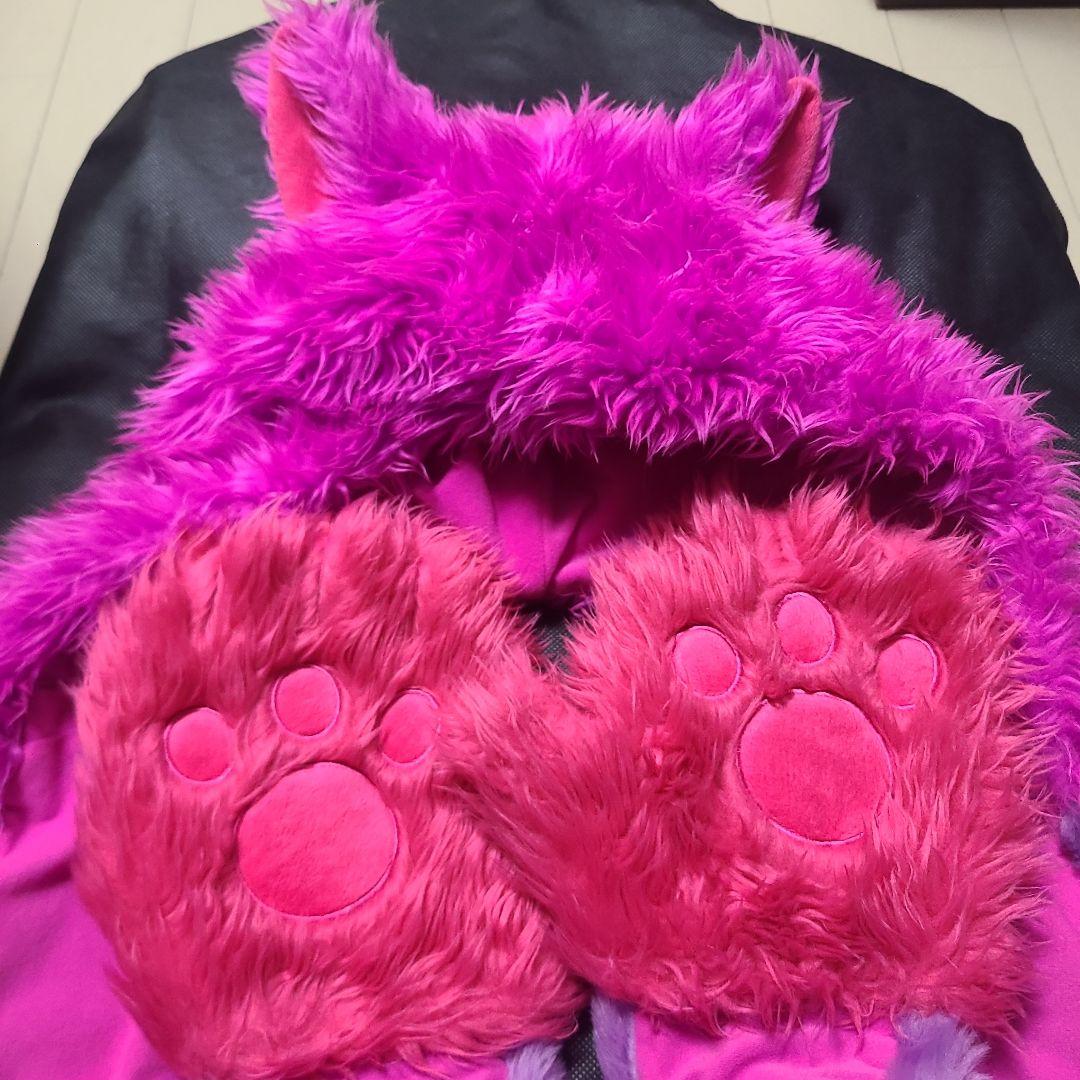 チェシャ猫 フリース耳付きフードスカーフ ピンク紫