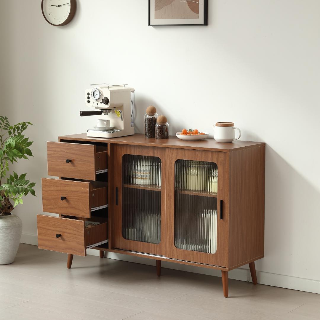 【新品】大容量サイドボード 引き戸付き おしゃれ 北欧木目 収納チェスト