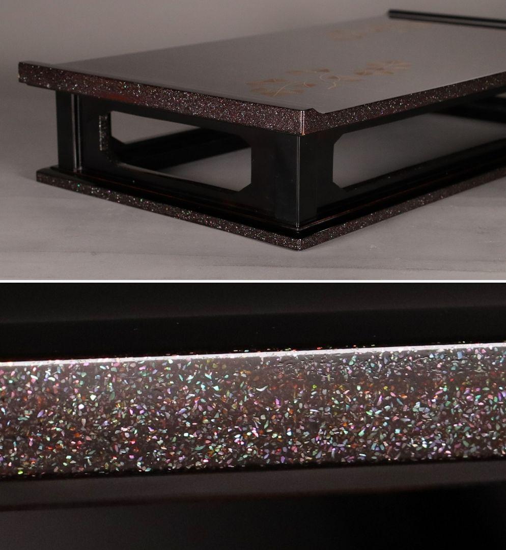 加賀蒔絵師 小松芳光作 松紋様 金蒔絵 螺鈿 黒塗卓 共箱 平卓 花台 M960