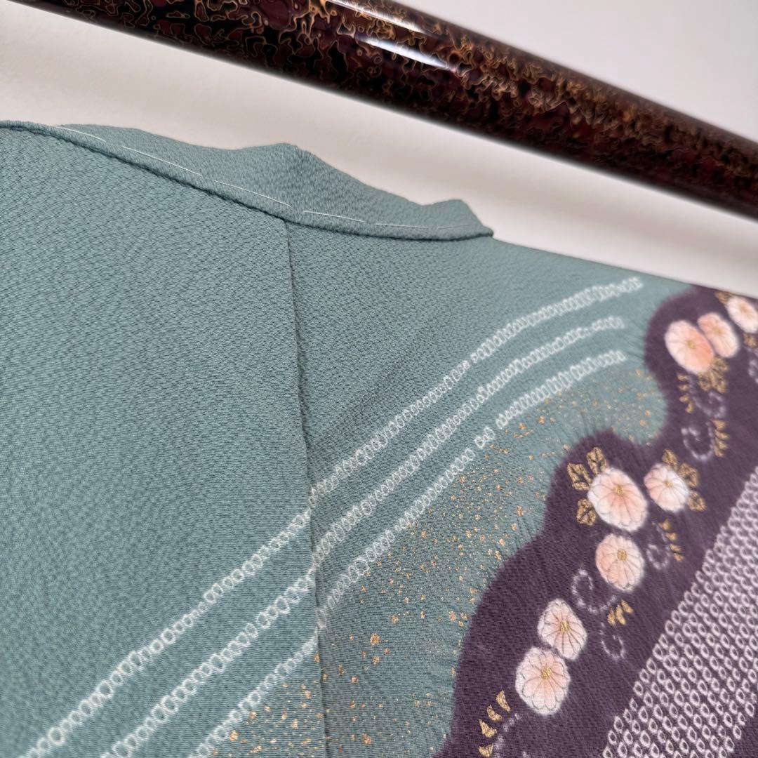 しつけ付き　正絹　袷　広襟　訪問着　付け下げ　着物　163 青緑　紫　金　滝泰