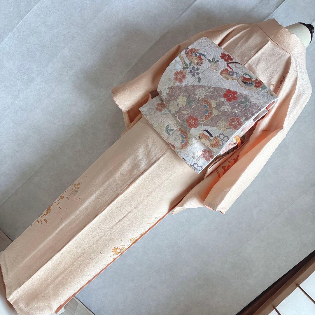 〈長襦袢半衿➕〉付け下げ　フルセット　着物　正絹　ロング丈　杏色　おしどりJ9