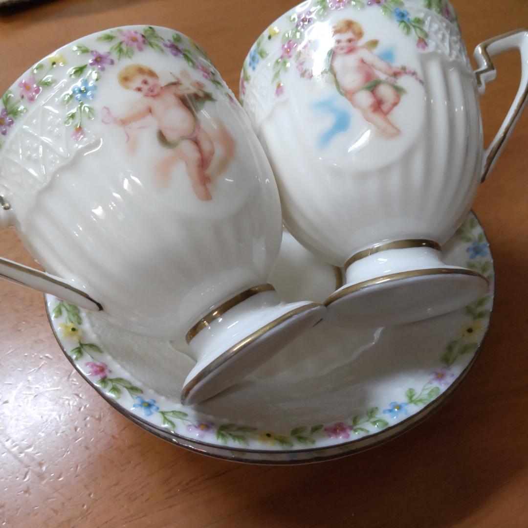 カップ&ソーサー　2客セット　エンゼル　天使　マイセン風　パステル
