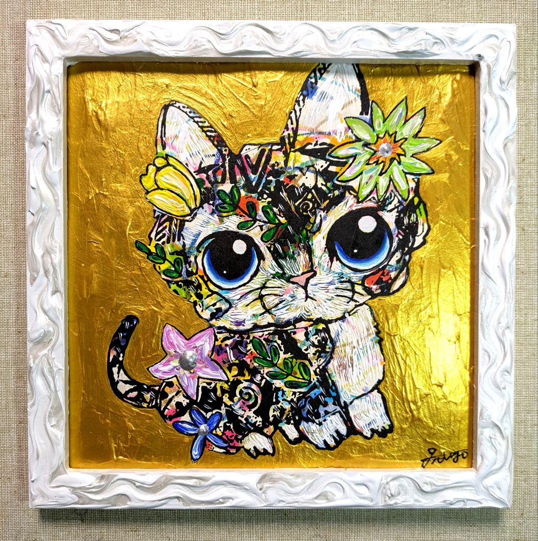 手作り額付き作品　title「百花繚乱ニャンコ」