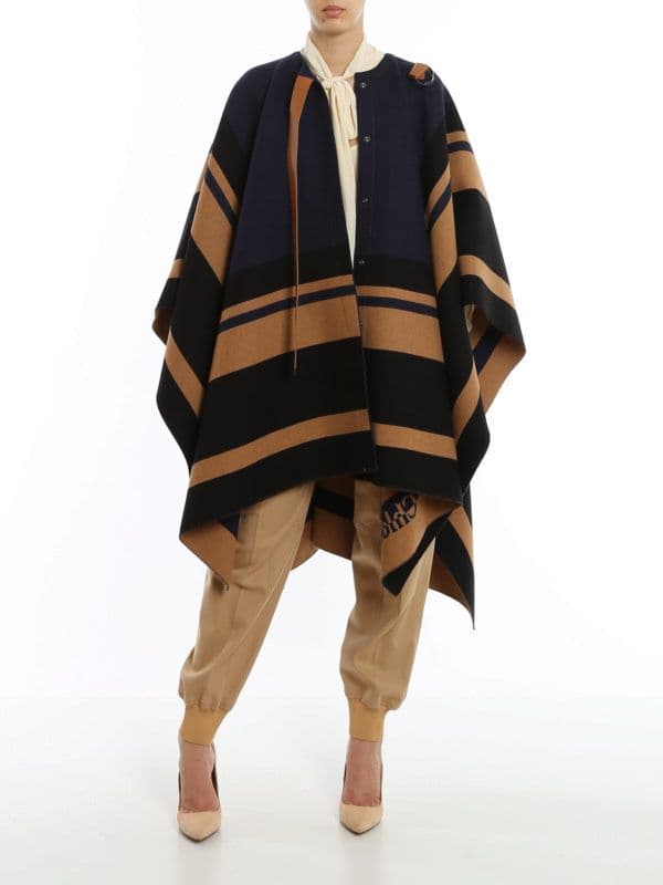 Chloe ネイビー ベージュ ストライプ ポンチョ レザーベルト