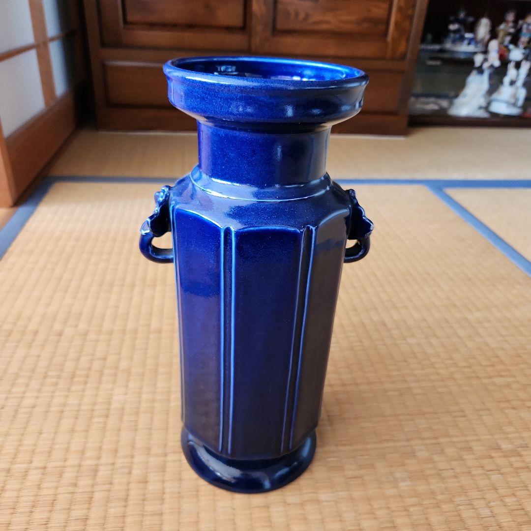 清朝瑠璃8面取り蜻蛉耳付き花入れ