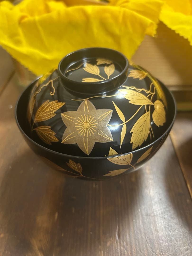 能登輪島塗 吸い物椀 鉄線 金彩蒔絵 前田定治郎　お椀 蓋付 汁椀　未使用希少品