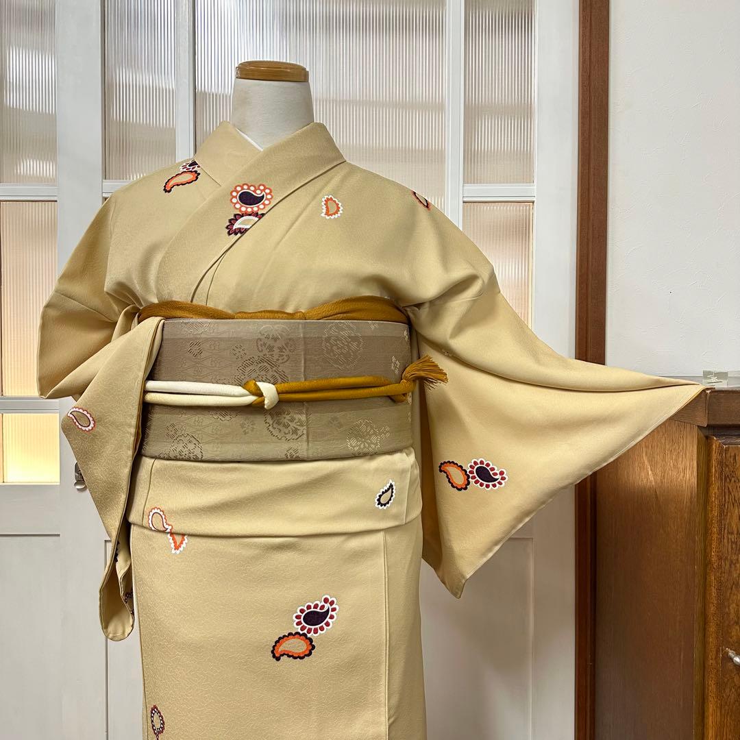 こ*ら様 希少サイズ　小紋　袷　正絹　黄粉色ペイズリー柄　身丈172裄71.5ト