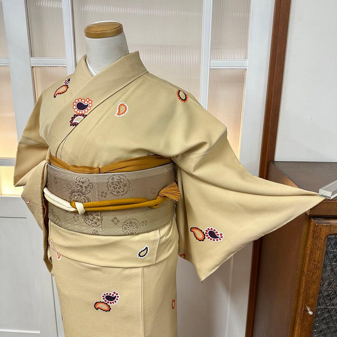 こ*ら様 希少サイズ　小紋　袷　正絹　黄粉色ペイズリー柄　身丈172裄71.5ト