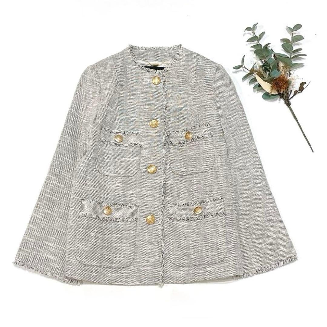 専用ですallureville スラブツイードクルーショートコート 麻　金ボタン