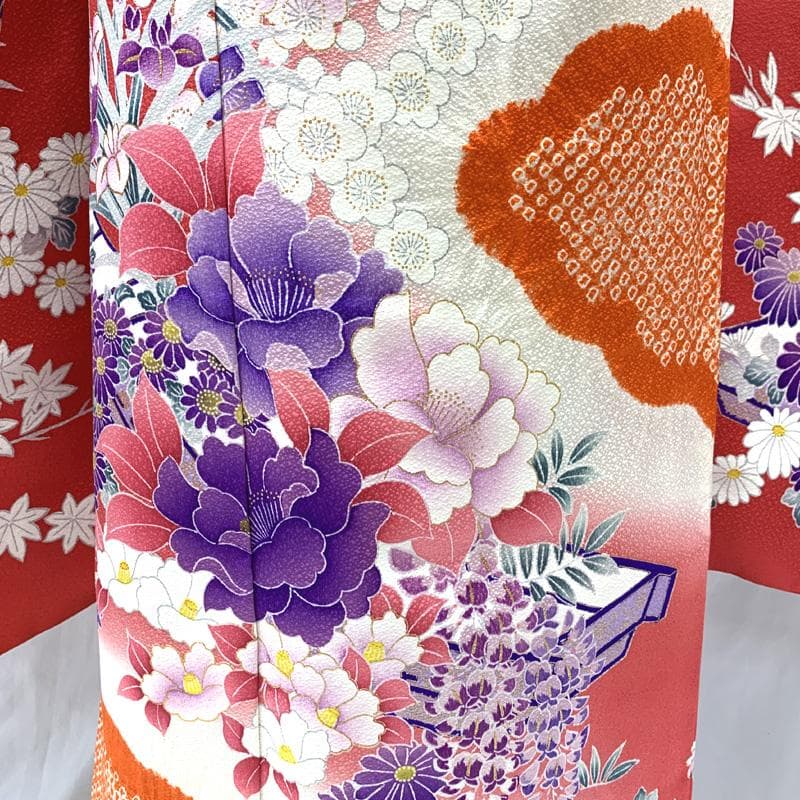 511ag79□七五三 七歳 女児 着物&袋帯 金彩 絞染め 花船 苺色□美品