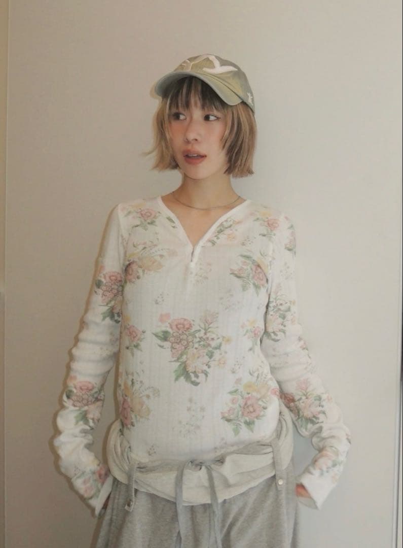 トップス OPEN YY FLORAL HOOK HENLEY LONG SLEEVE