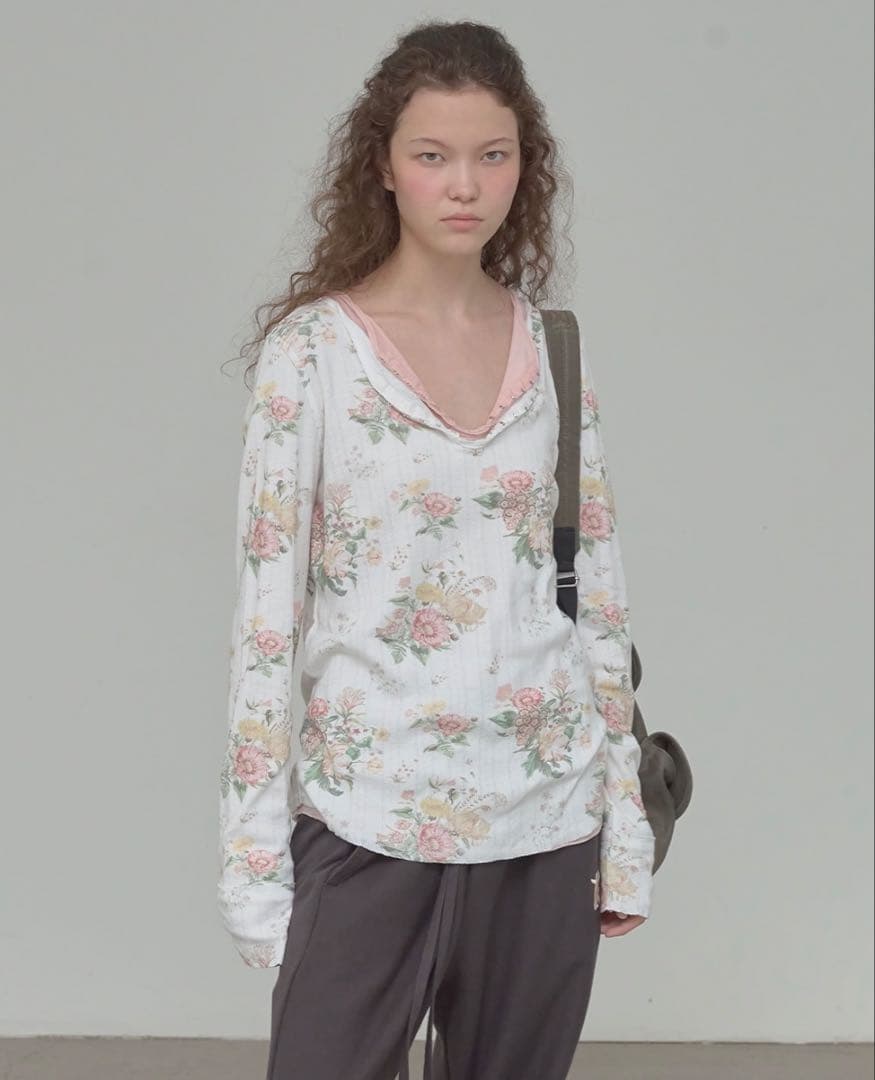 トップス OPEN YY FLORAL HOOK HENLEY LONG SLEEVE