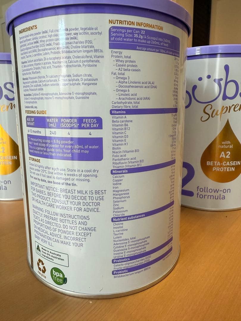 Bubs SupremeA2 粉ミルクステップ2 (6-12カ月) 大缶800