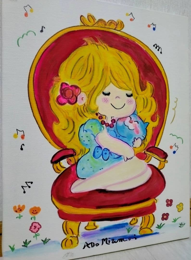 【F6号】水森亜土　手描き作品/表裏サイン・裏描き有/油彩/アクリル/額縁/額装