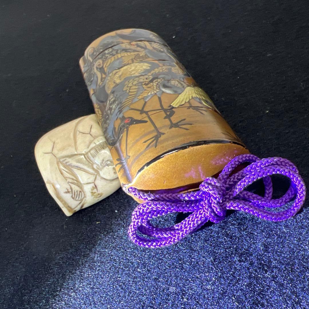 江戸時代　鶴蒔絵印籠、根付　70g 東Y8-0122☆2Fトコカ