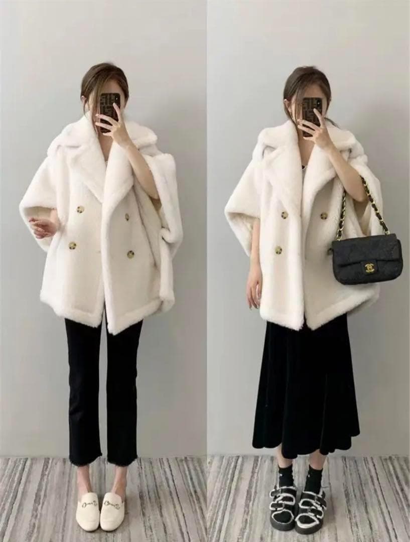 新品未使用 ベアテーラードポンチョアルパカ素材 ホワイト　テディケープ