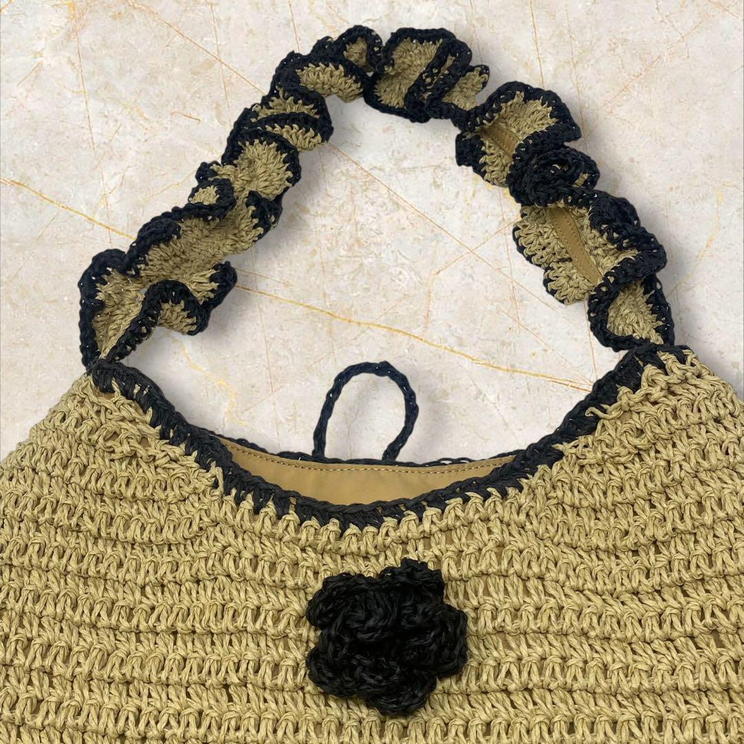 未使用 マリークワント リリーブラウン ペーパーラウンドフリルバッグ カゴバッグ