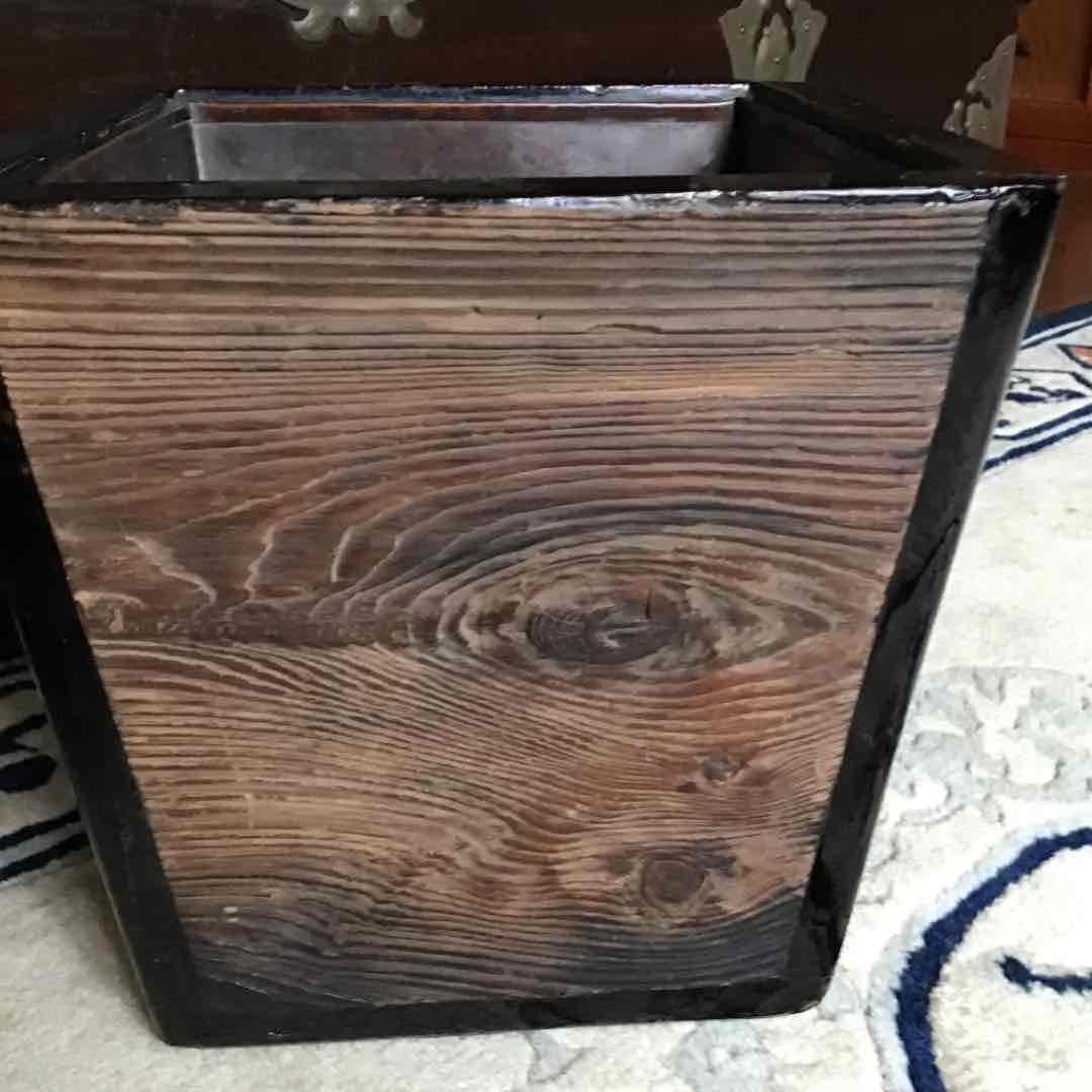 A044 アンティーク　木製　鶴瓶桶形火鉢　欅　漆　鉢カバー　小物入