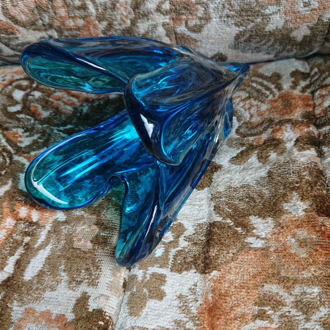 青色ガラス花瓶 フラワー型アンティークポップ