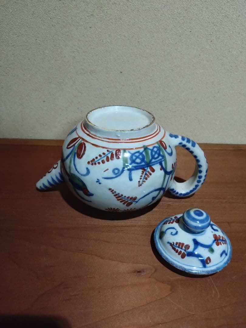 阿蘭陀    藍紅毛色絵 花鳥紋水注  急須