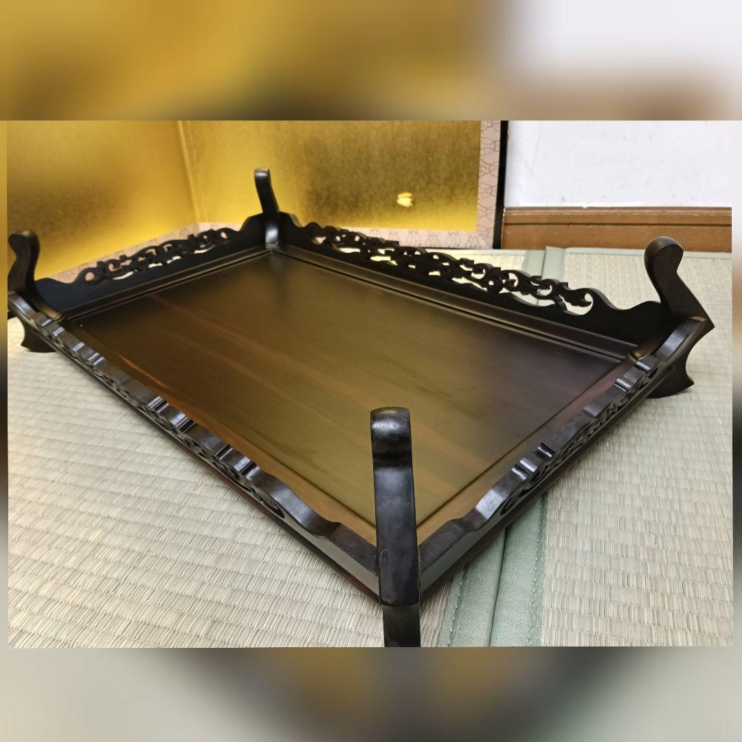 いち唐木 黒檀花台 香炉台 盆栽台 飾り台 透し彫り 未使用 美 AK70