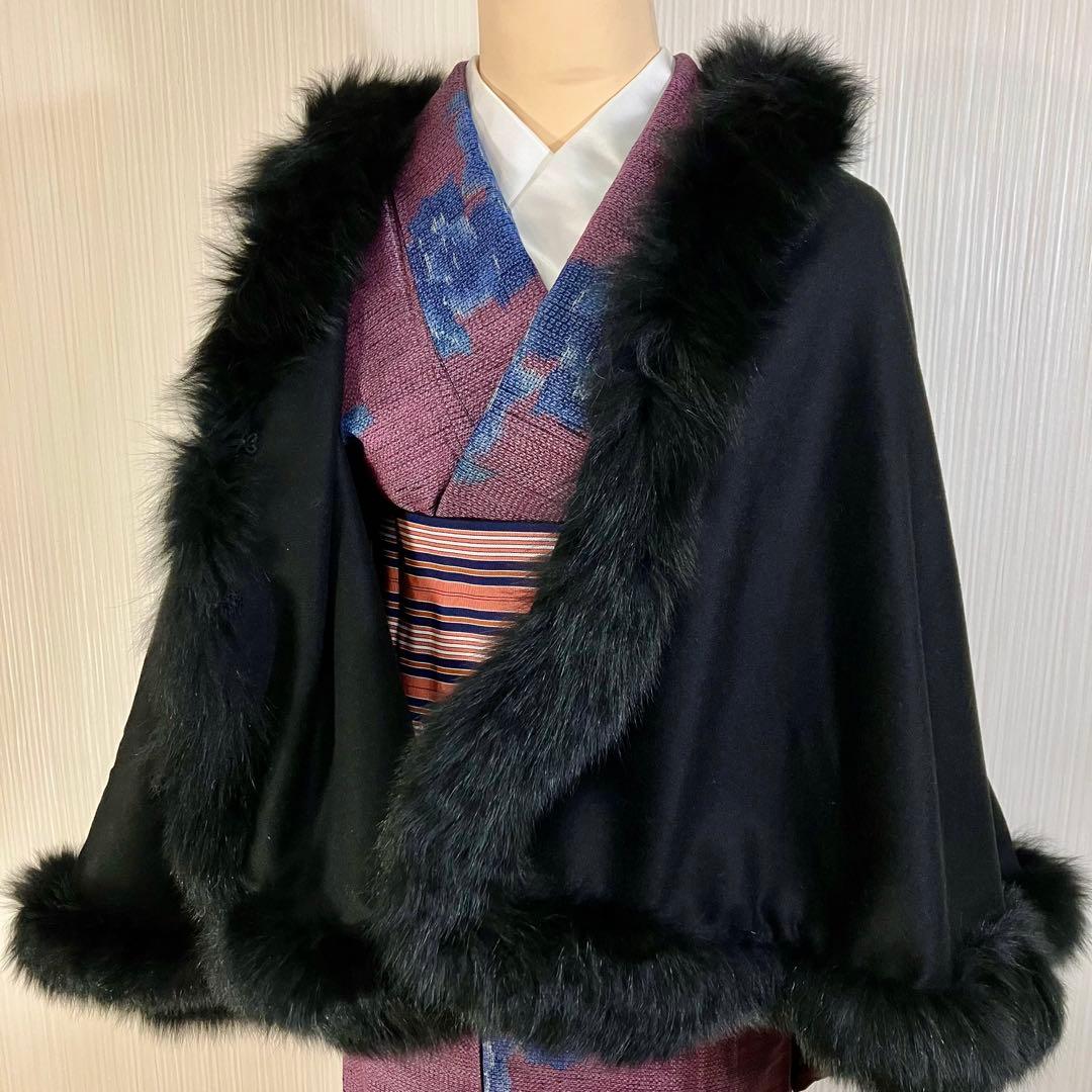 c*p様 sansoケープポンチョ/カシミヤ毛皮ブルーフォックス2wayフード和