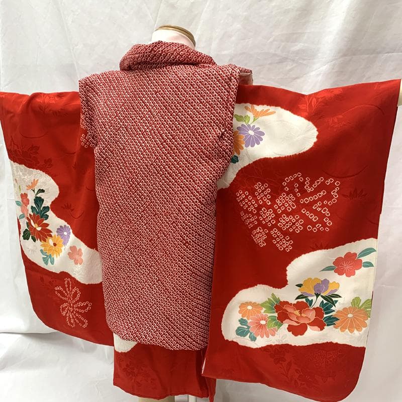 602ag22□七五三 三歳 女児 着物&被布&長襦袢 絞染め 花車□美品
