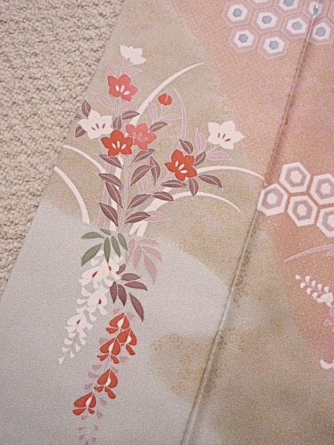 訪問着：美品-藤・桔梗・桜と菊・梅・淡いミントグリーン：袷正絹：N89